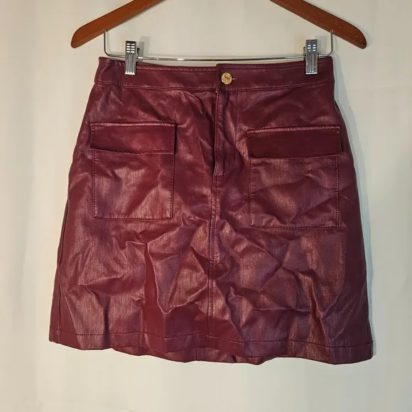 Marc New York Faux Leather Mini Skirt Pockets Burgundy Size 2