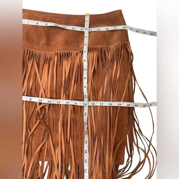 Melanzona Vintage Skirt Suede Leather Tan  Fringe Boho Festival Size 12