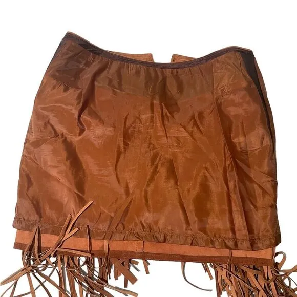 Melanzona Vintage Skirt Suede Leather Tan  Fringe Boho Festival Size 12