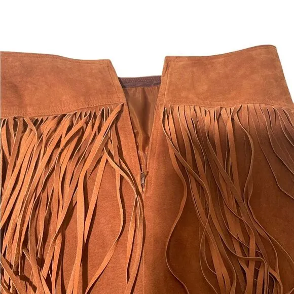 Melanzona Vintage Skirt Suede Leather Tan  Fringe Boho Festival Size 12
