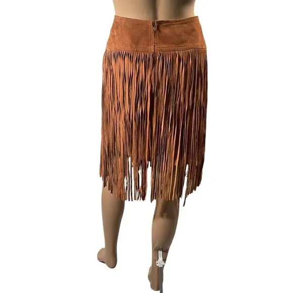 Melanzona Vintage Skirt Suede Leather Tan  Fringe Boho Festival Size 12