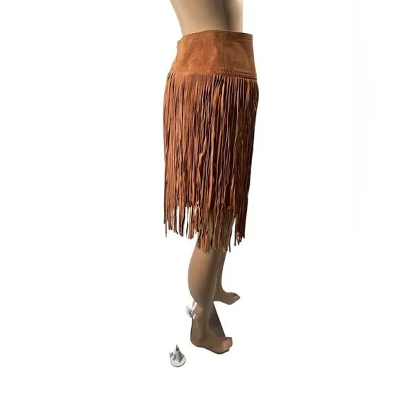 Melanzona Vintage Skirt Suede Leather Tan  Fringe Boho Festival Size 12