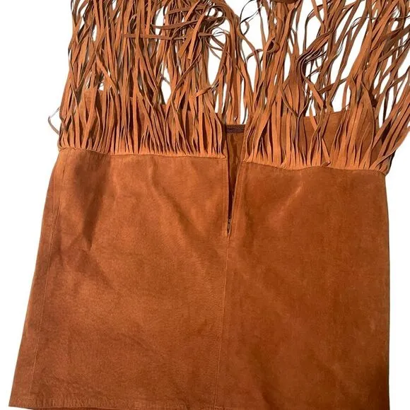 Melanzona Vintage Skirt Suede Leather Tan  Fringe Boho Festival Size 12