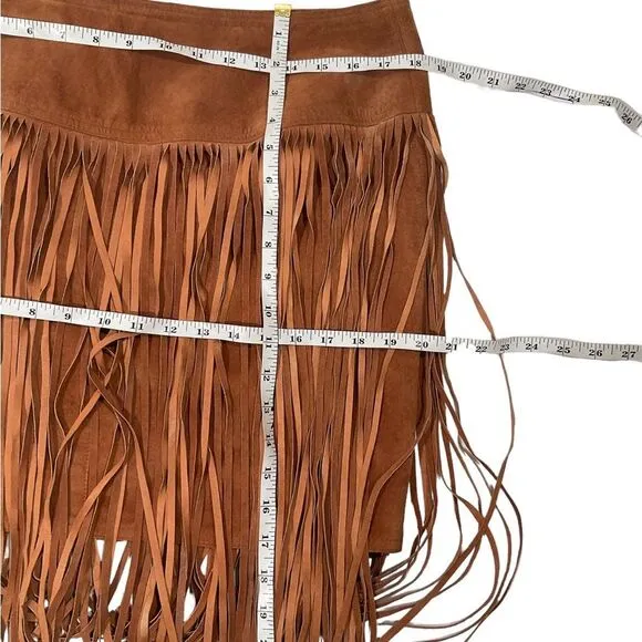 Melanzona Vintage Skirt Suede Leather Tan  Fringe Boho Festival Size 12