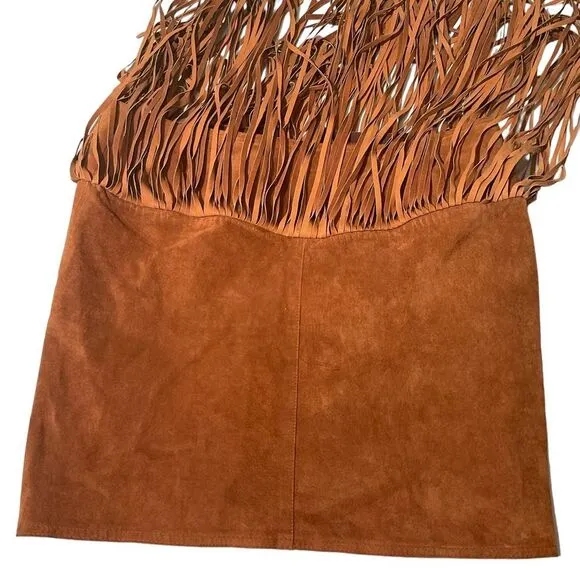 Melanzona Vintage Skirt Suede Leather Tan  Fringe Boho Festival Size 12