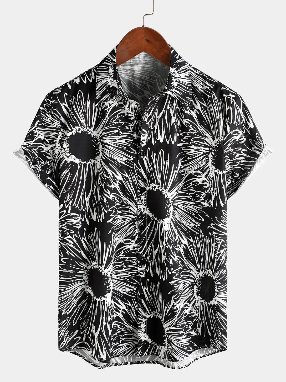 Men‘s 100% Cotton Sunflower Black Floral Short Sleeve Button Shirt