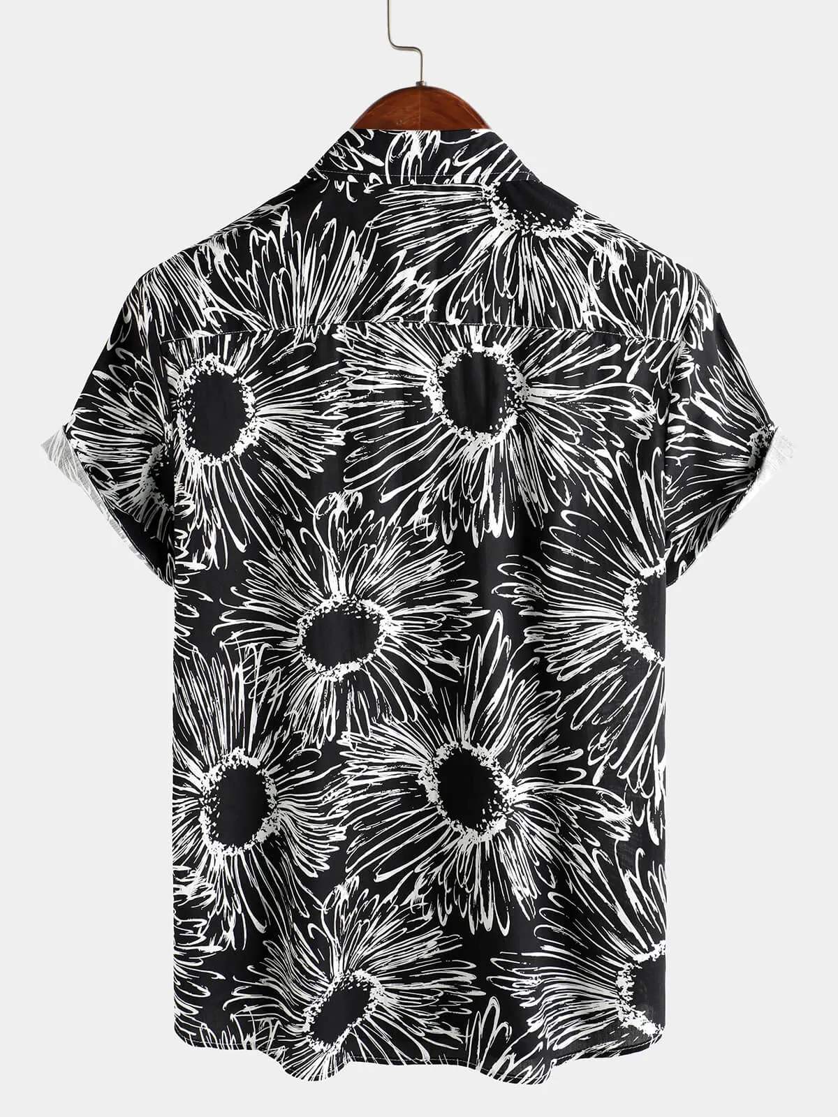 Men‘s 100% Cotton Sunflower Black Floral Short Sleeve Button Shirt