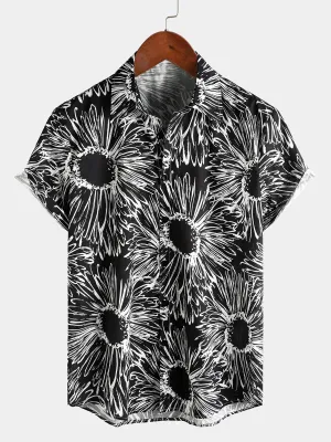 Men‘s 100% Cotton Sunflower Black Floral Short Sleeve Button Shirt