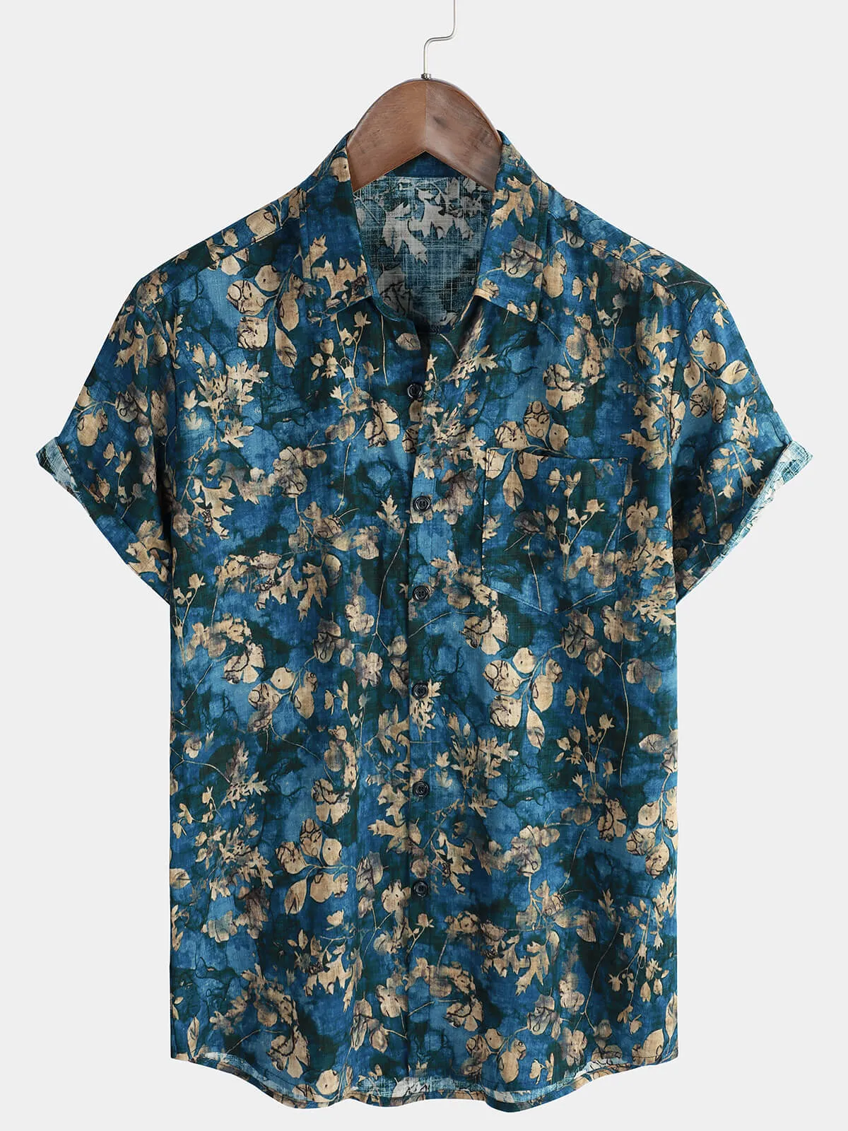 Men's Blue Cotton Summer Hawaiian Floral Button Up Short Sleeve Shirt