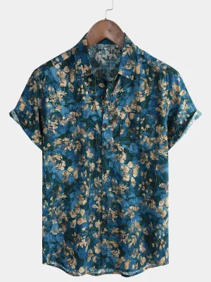 Men's Blue Cotton Summer Hawaiian Floral Button Up Short Sleeve Shirt