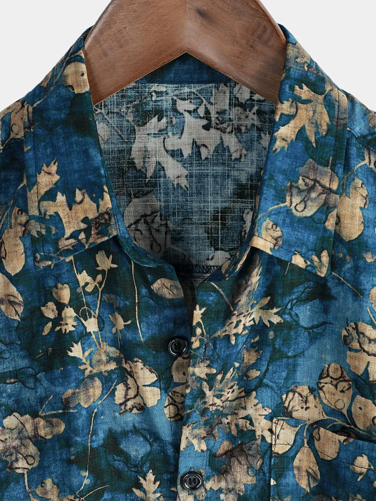 Men's Blue Cotton Summer Hawaiian Floral Button Up Short Sleeve Shirt