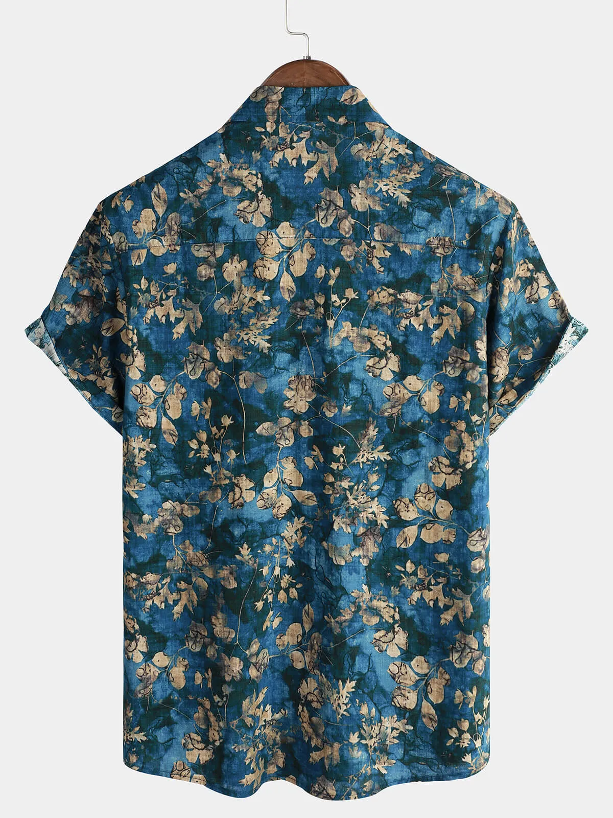 Men's Blue Cotton Summer Hawaiian Floral Button Up Short Sleeve Shirt
