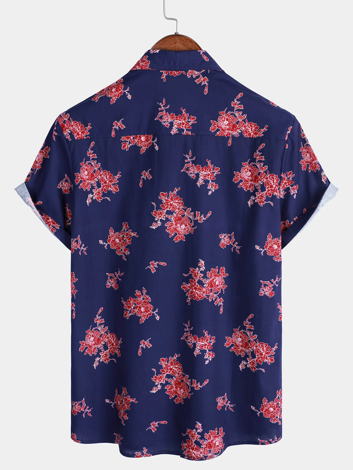 Men's Blue Floral Hawaiian Flower Print Short Sleeve Shirt