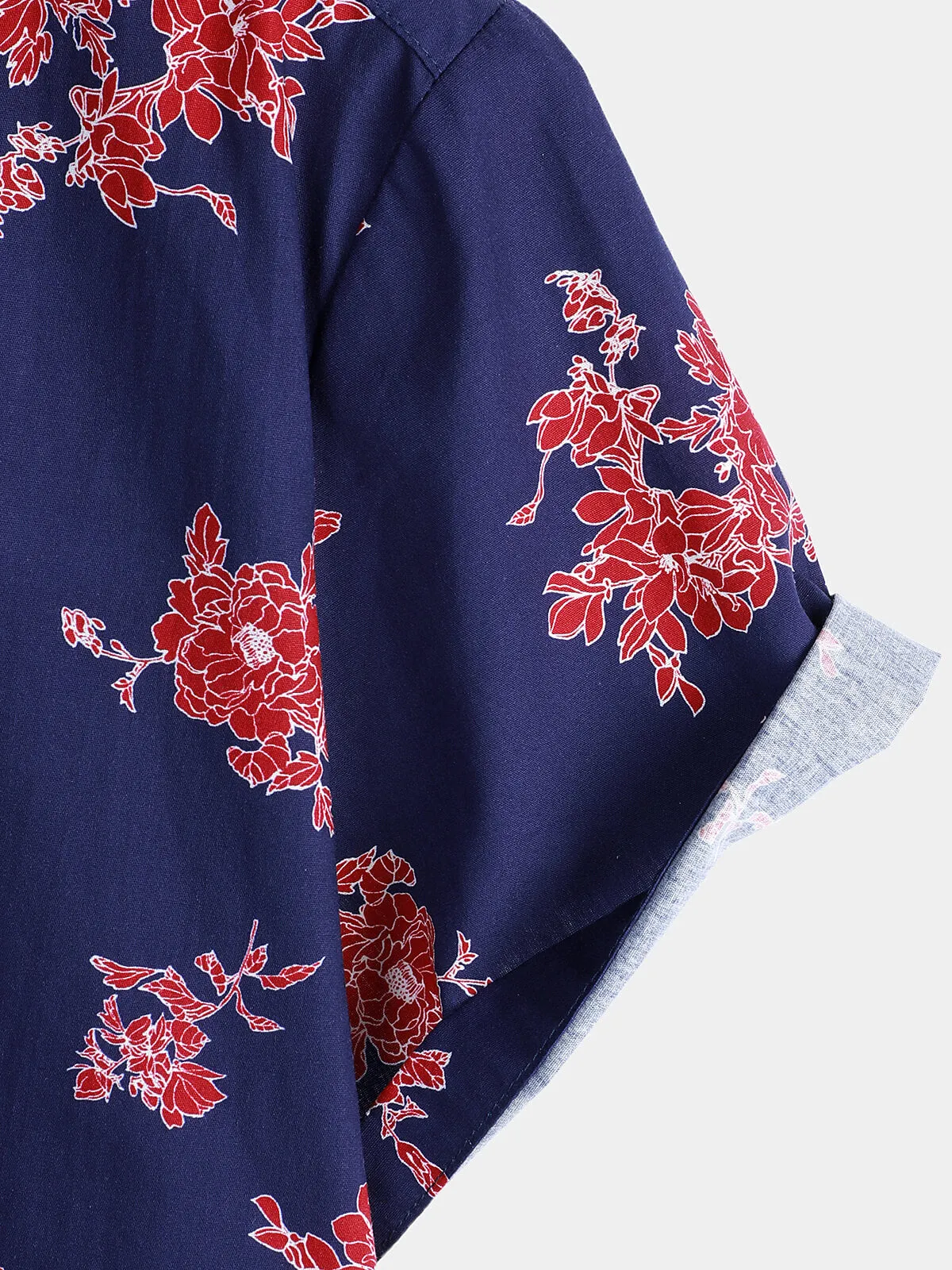 Men's Blue Floral Hawaiian Flower Print Short Sleeve Shirt