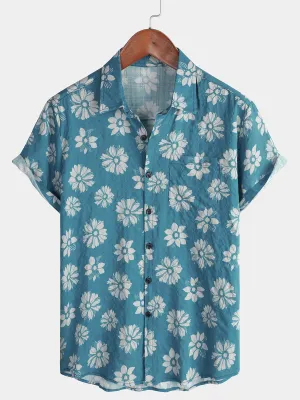Men's Blue Floral Short Sleeve Summer Cotton Hawaiian Button Up Shirt