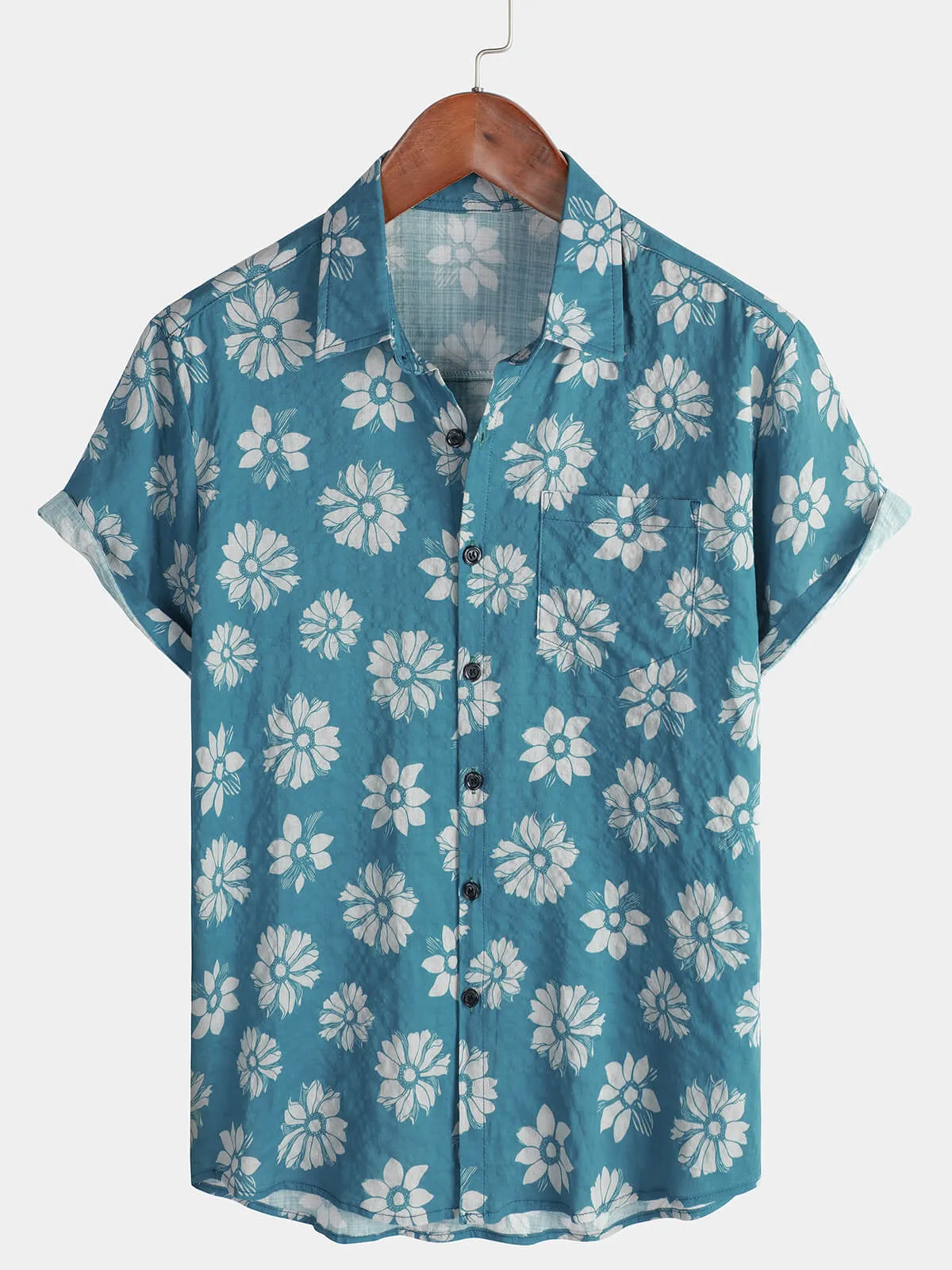 Men's Blue Floral Short Sleeve Summer Cotton Hawaiian Button Up Shirt