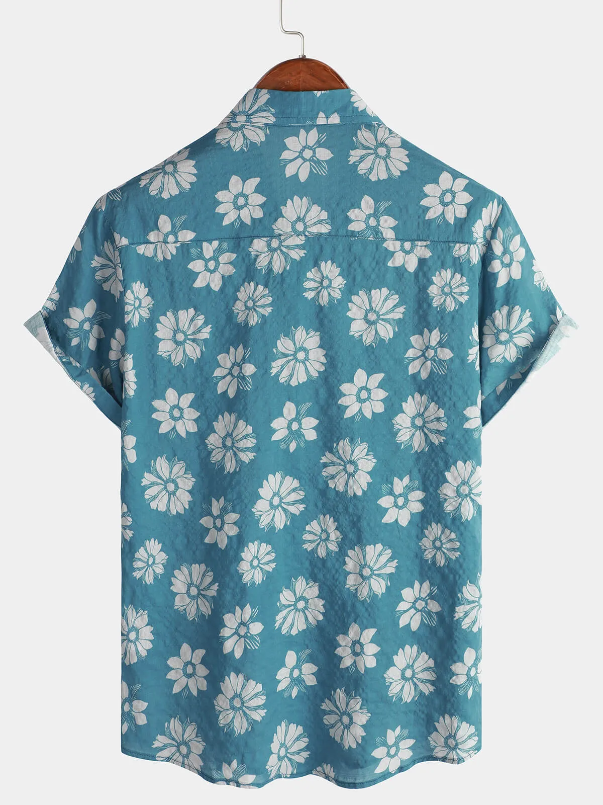 Men's Blue Floral Short Sleeve Summer Cotton Hawaiian Button Up Shirt