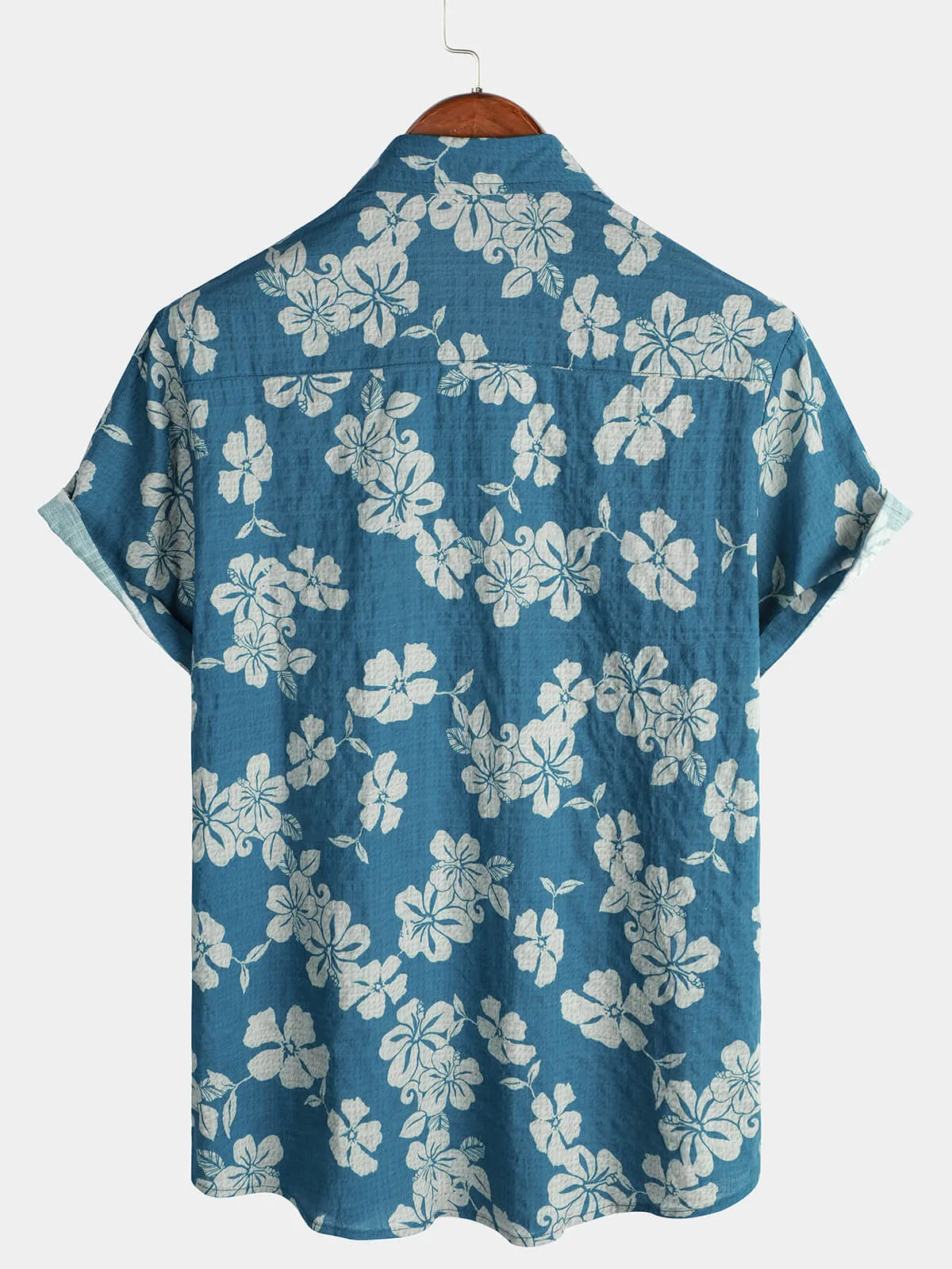Men's Blue Holiday Floral Hawaiian Short Sleeve Button Up Shirt
