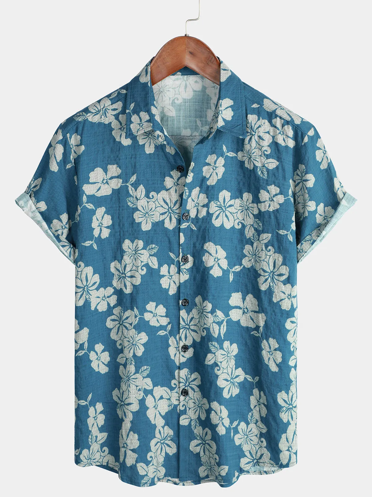 Men's Blue Holiday Floral Hawaiian Short Sleeve Button Up Shirt