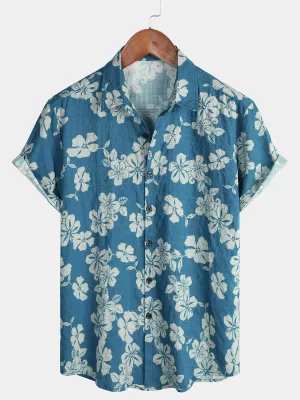 Men's Blue Holiday Floral Hawaiian Short Sleeve Button Up Shirt