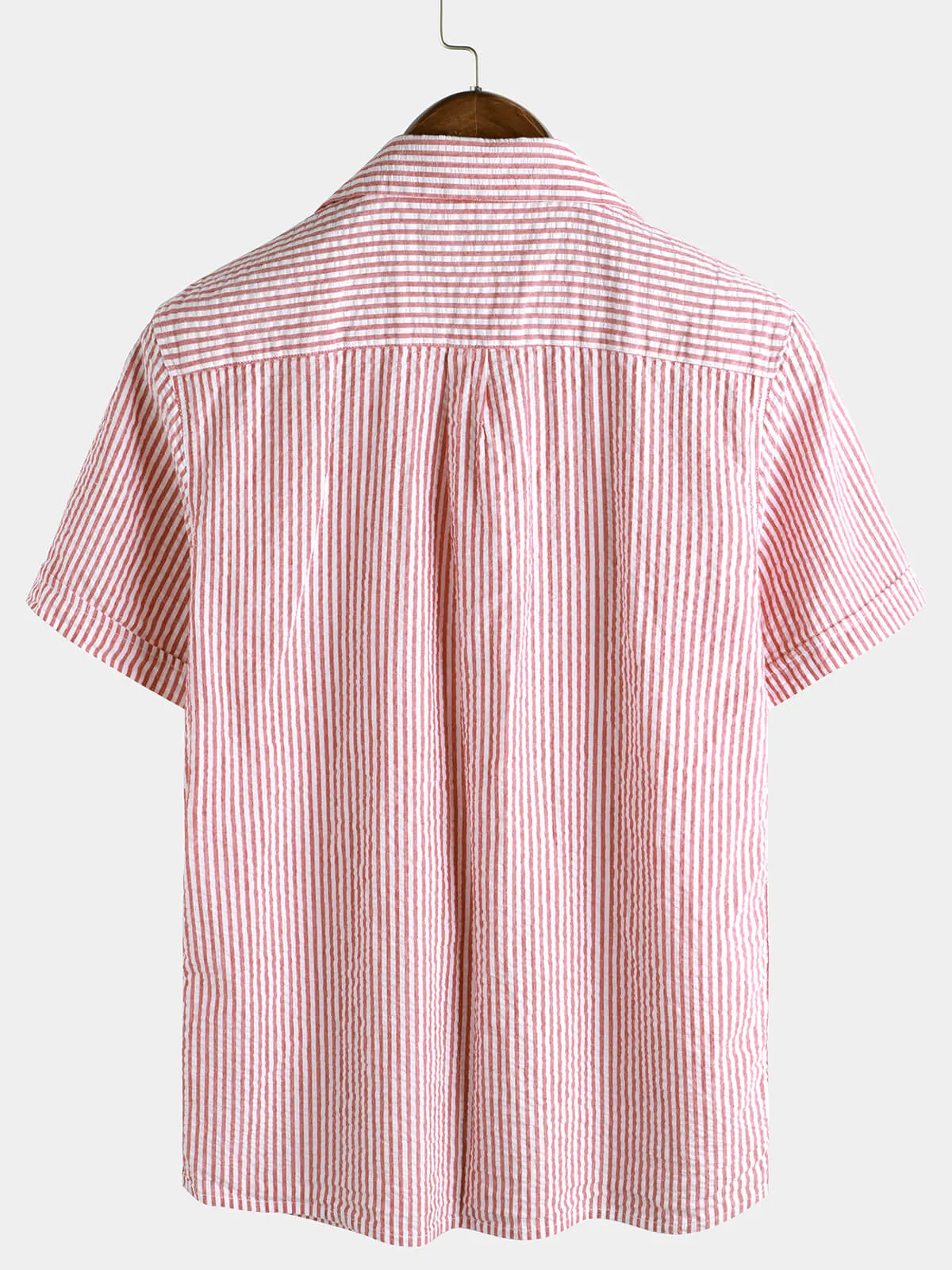 Men's Breathable Striped Cotton Button Up Summer Cuban Collar Camp Short Sleeve Beach Shirt