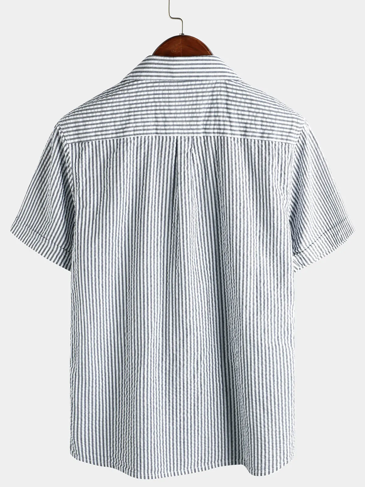 Men's Breathable Striped Cotton Button Up Summer Cuban Collar Camp Short Sleeve Beach Shirt