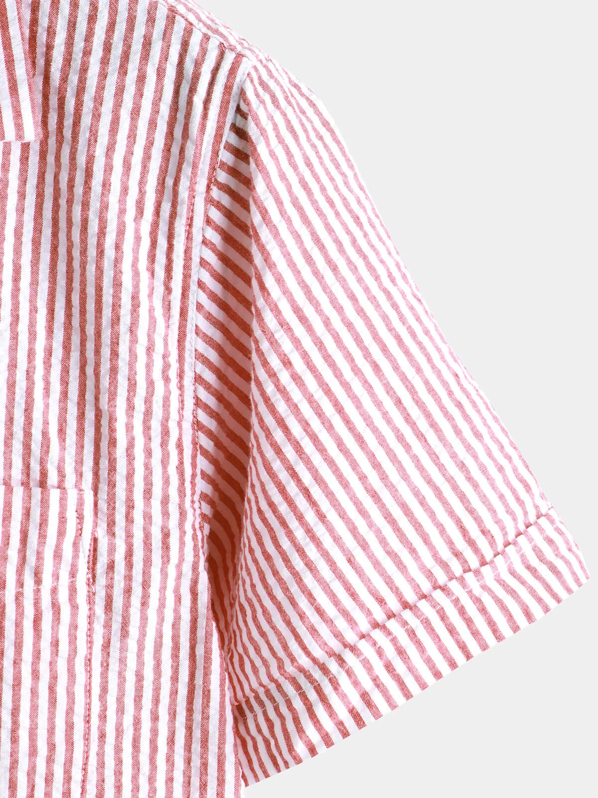 Men's Breathable Striped Cotton Button Up Summer Cuban Collar Camp Short Sleeve Beach Shirt