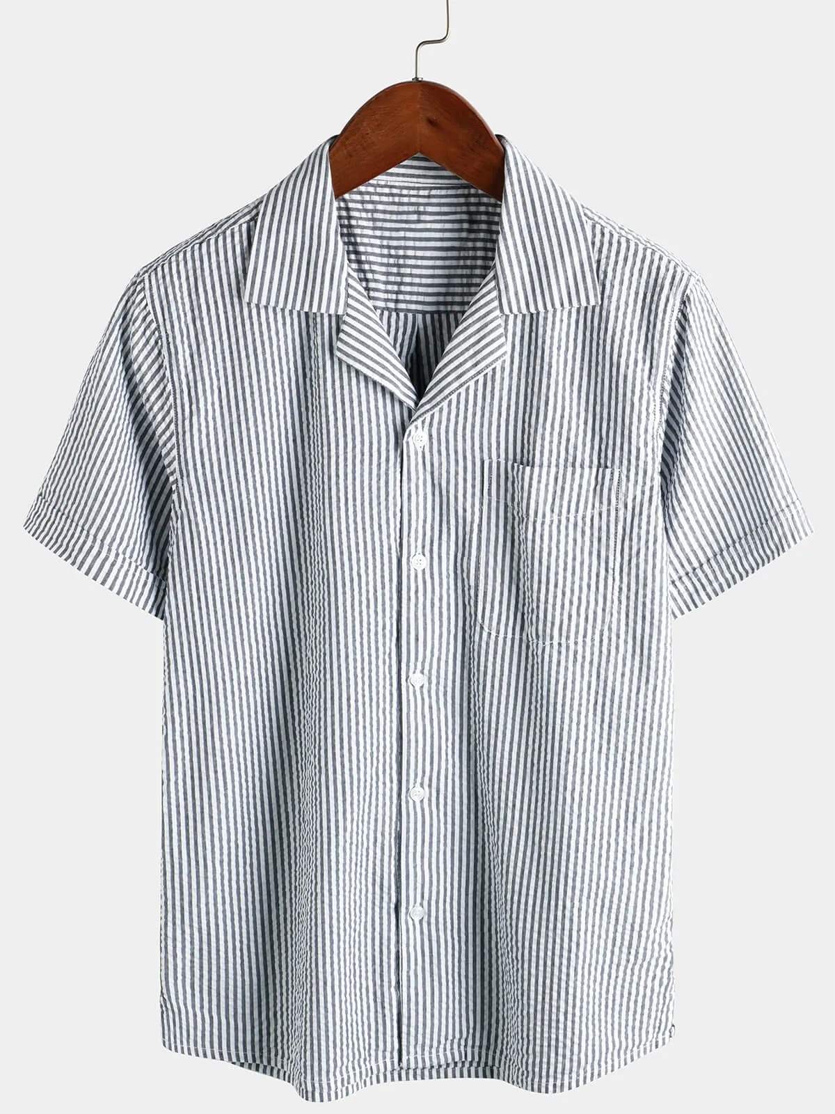 Men's Breathable Striped Cotton Button Up Summer Cuban Collar Camp Short Sleeve Beach Shirt