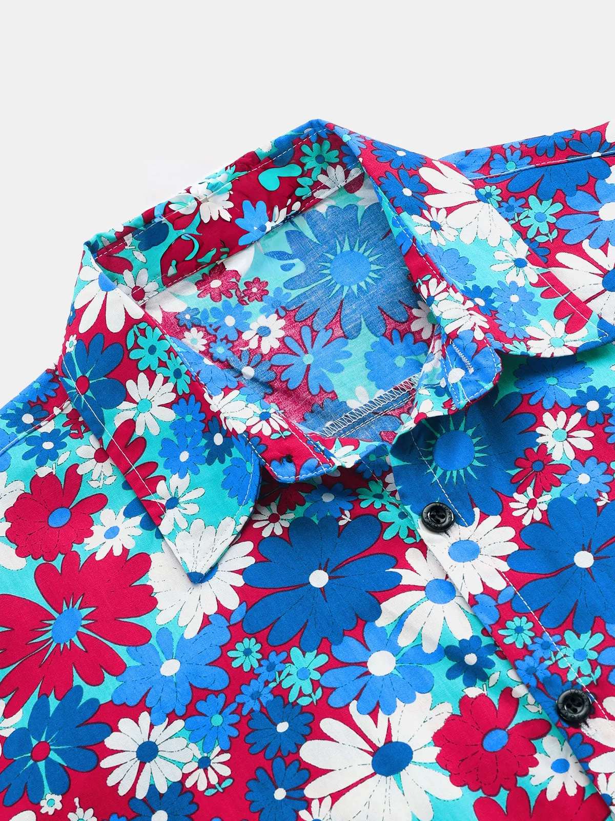 Men's Casual Cotton Floral Blue Short Sleeve Hawaiian Shirt