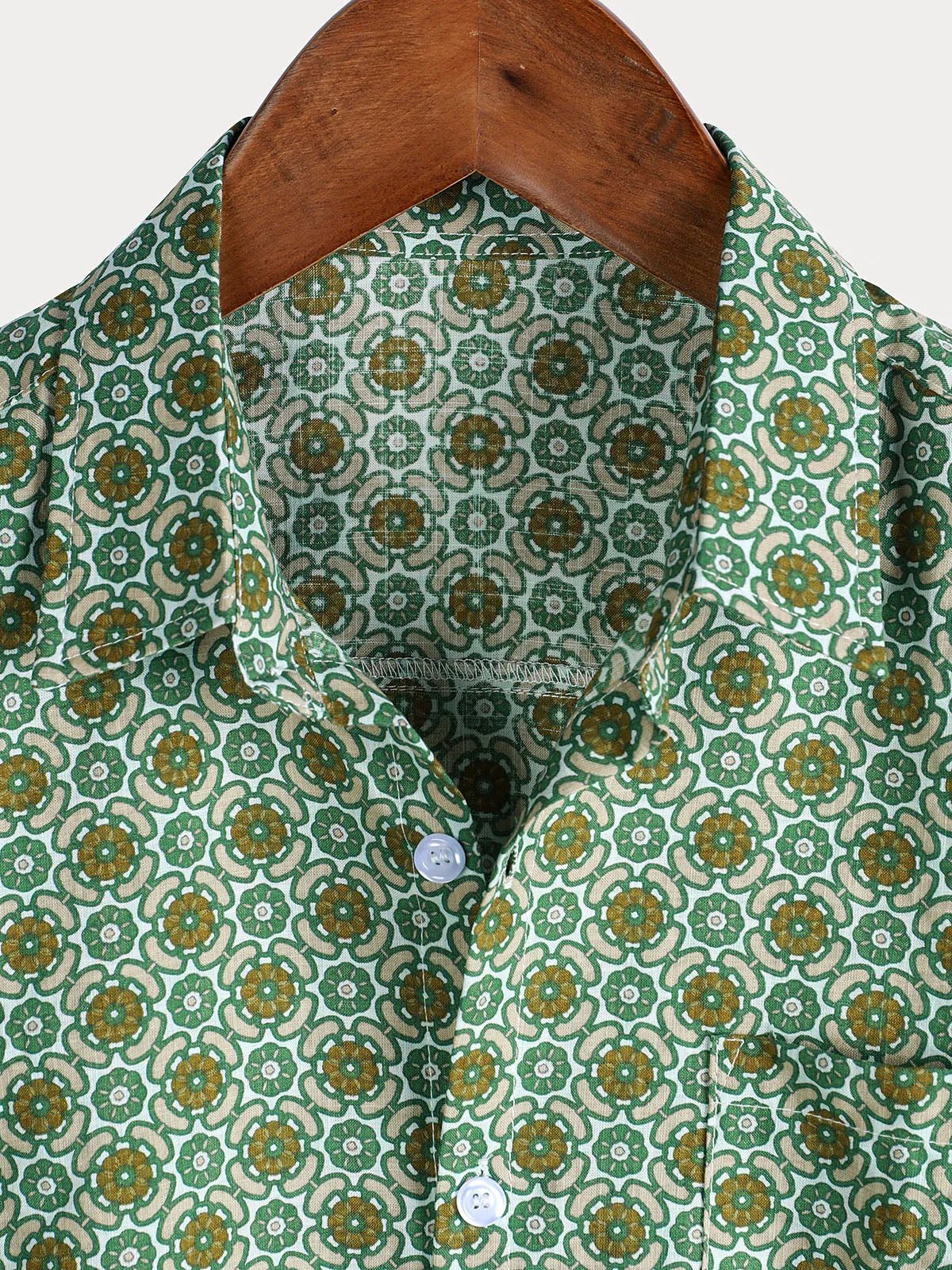 Men's Casual Green Floral Print Lightweight Cotton Short Sleeve Shirt