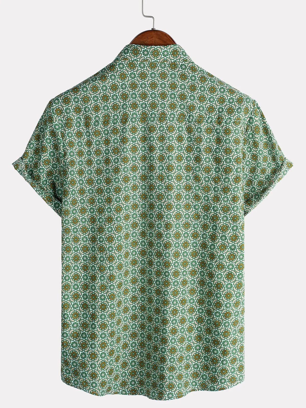 Men's Casual Green Floral Print Lightweight Cotton Short Sleeve Shirt