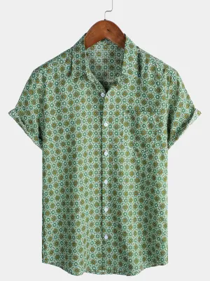 Men's Casual Green Floral Print Lightweight Cotton Short Sleeve Shirt