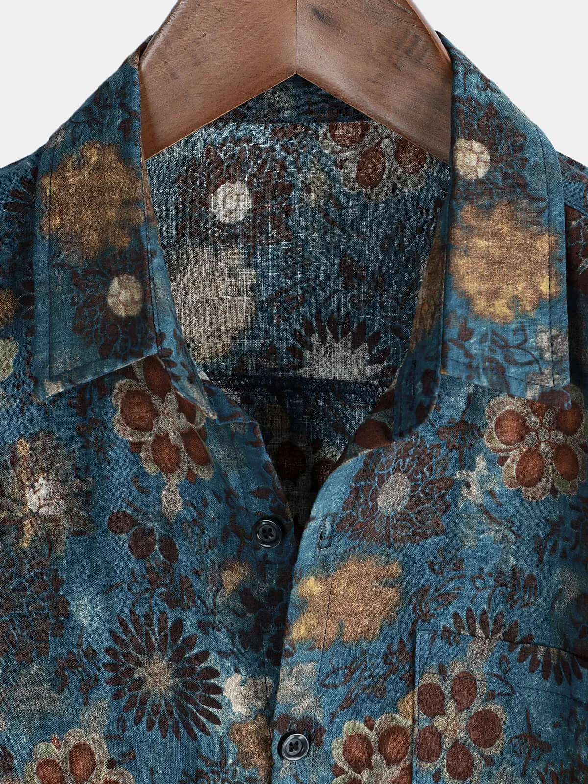Men's Casual Vintage Floral Print Blue Short Sleeve Shirt