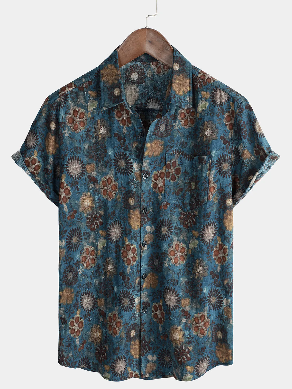 Men's Casual Vintage Floral Print Blue Short Sleeve Shirt