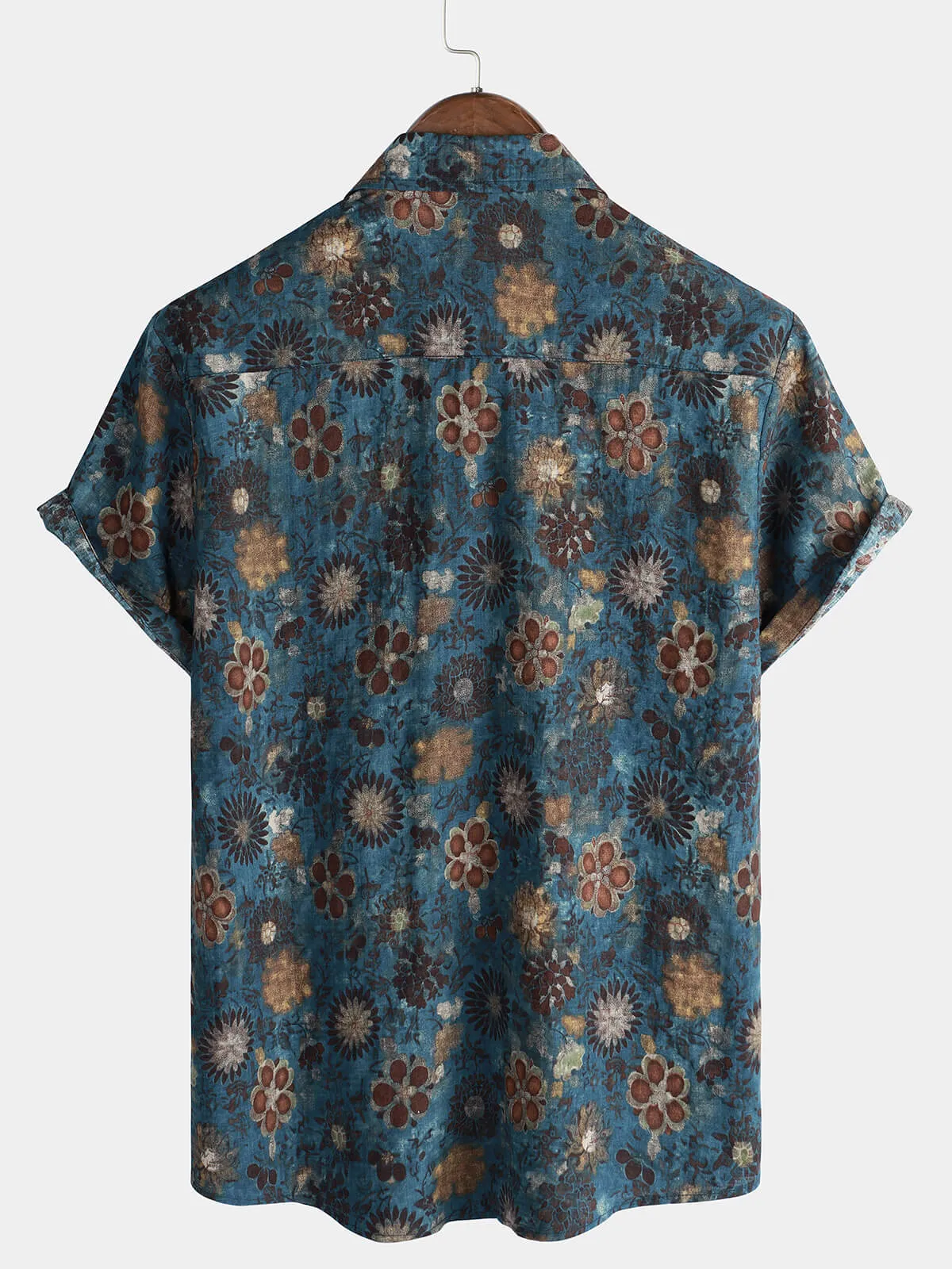 Men's Casual Vintage Floral Print Blue Short Sleeve Shirt