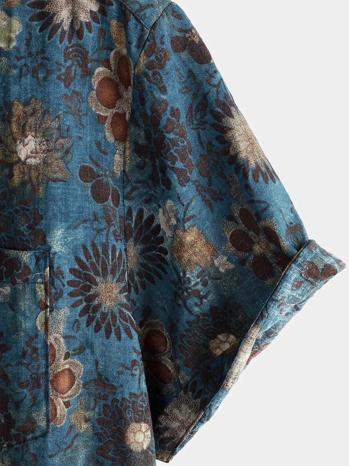 Men's Casual Vintage Floral Print Blue Short Sleeve Shirt