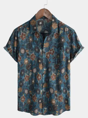 Men's Casual Vintage Floral Print Blue Short Sleeve Shirt