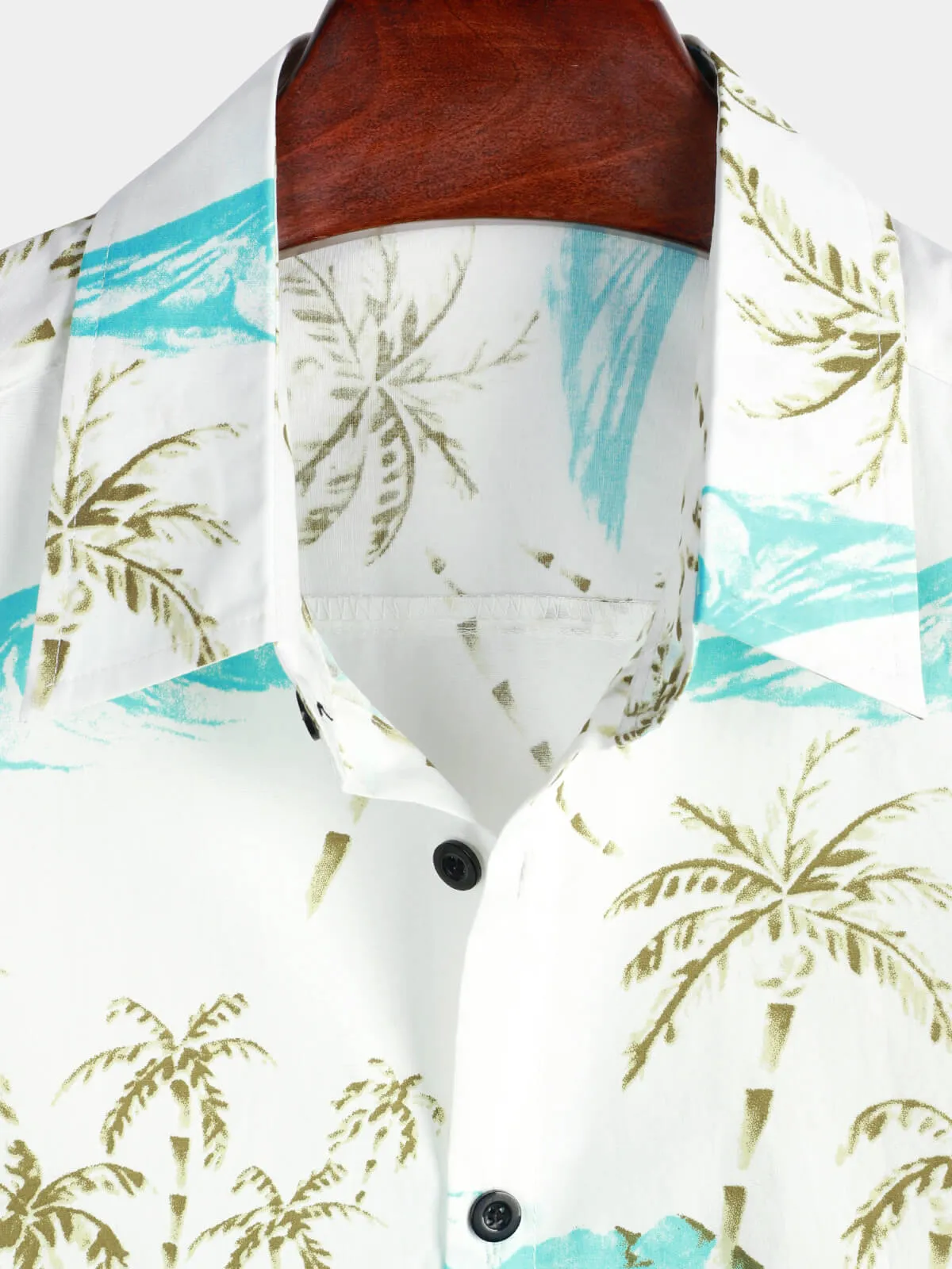 Men's Cotton Island And Palm Tree Print White Button Short Sleeve Beach Shirt