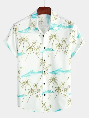 Men's Cotton Island And Palm Tree Print White Button Short Sleeve Beach Shirt
