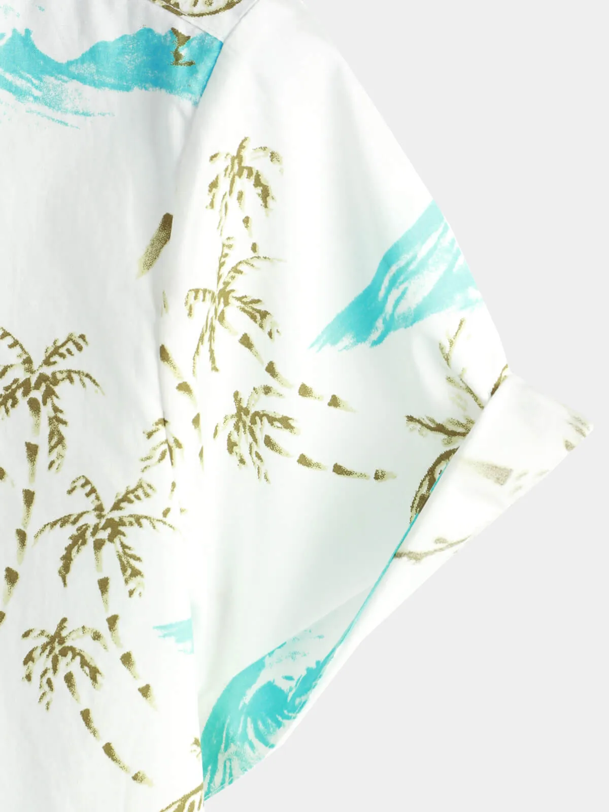 Men's Cotton Island And Palm Tree Print White Button Short Sleeve Beach Shirt