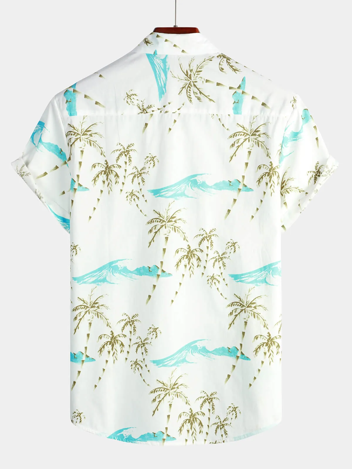 Men's Cotton Island And Palm Tree Print White Button Short Sleeve Beach Shirt