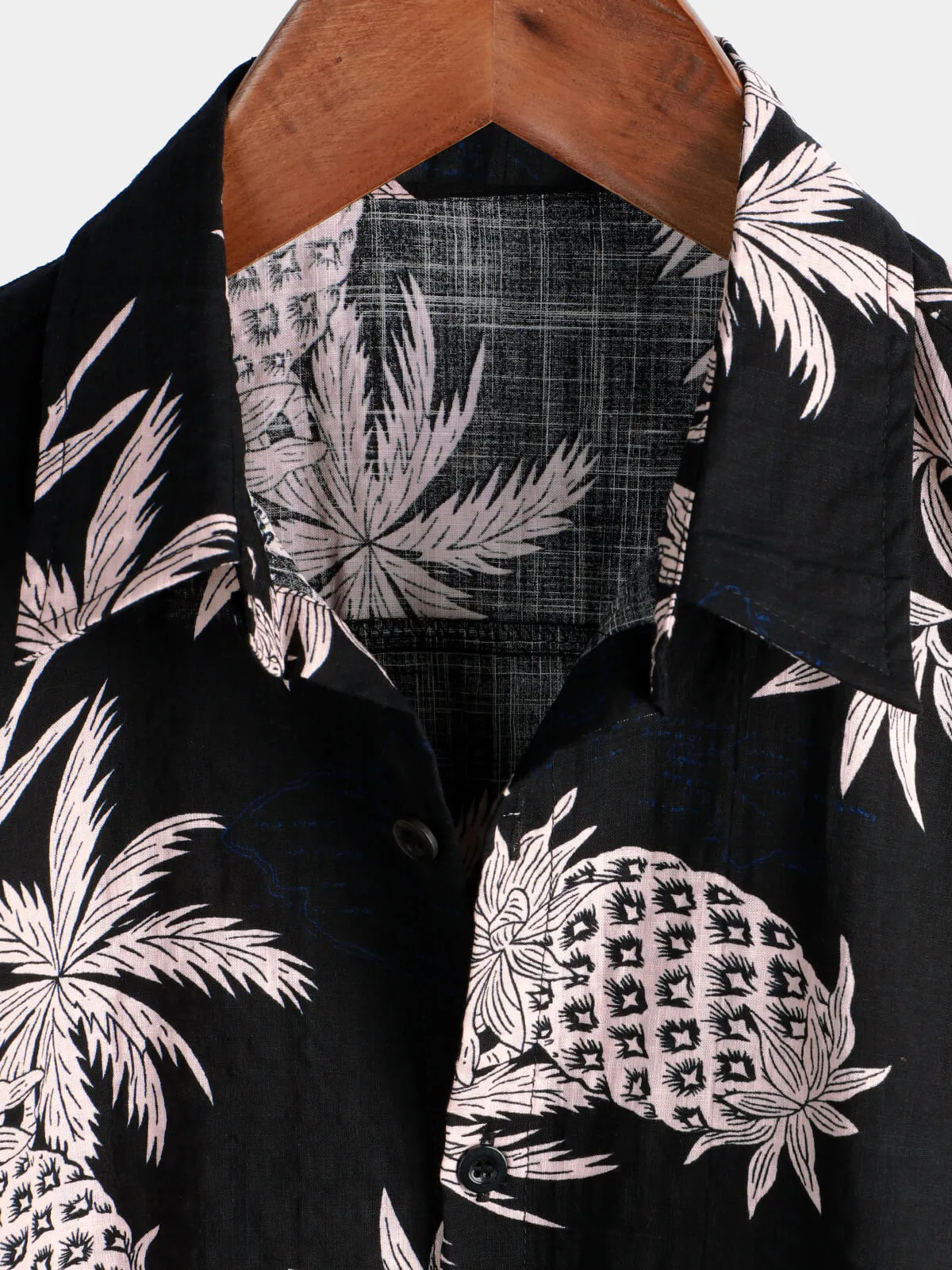 Men's Cotton Pineapple Print Black Hawaiian Beach Button Up Short Sleeve Shirt