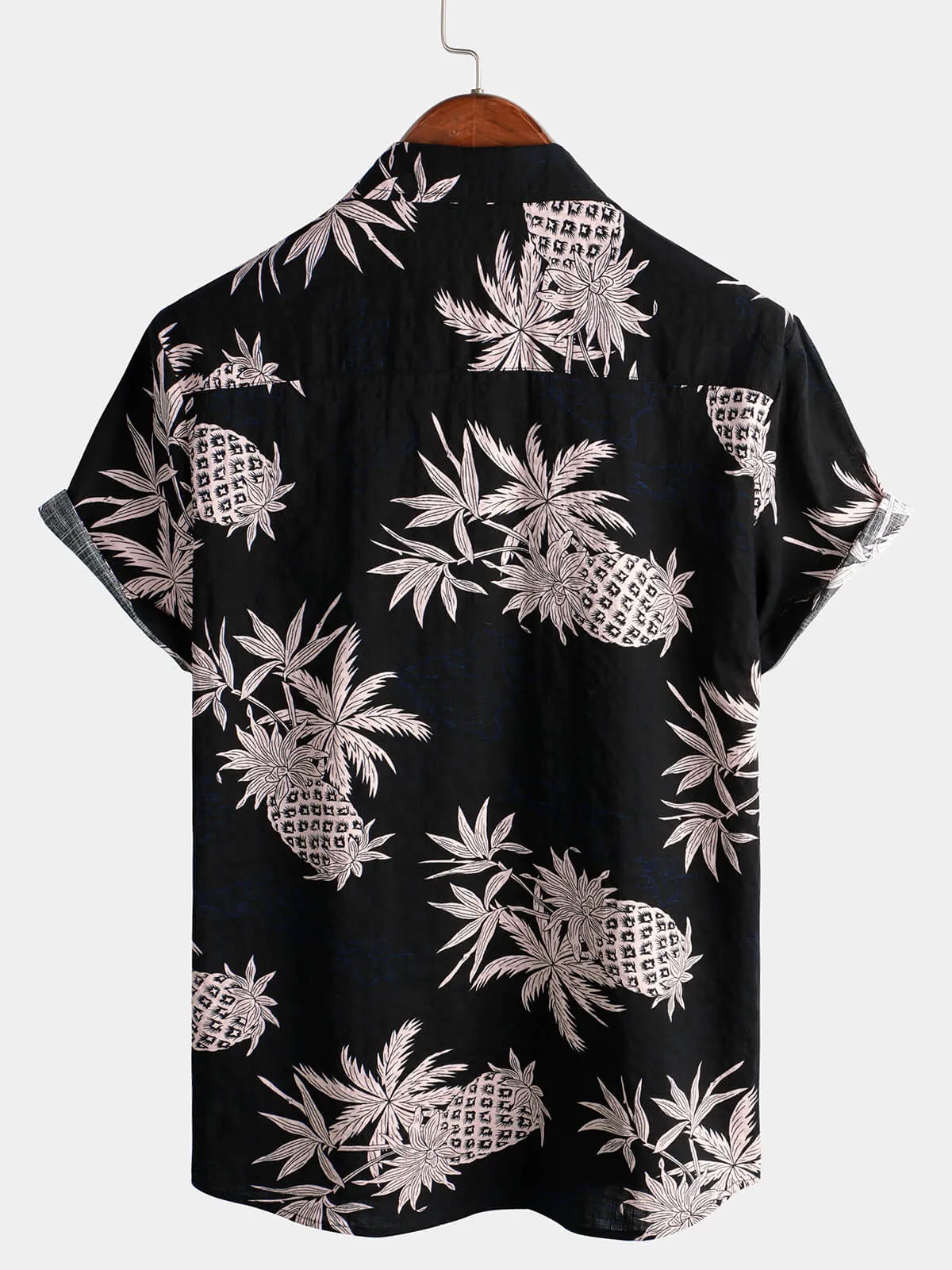 Men's Cotton Pineapple Print Black Hawaiian Beach Button Up Short Sleeve Shirt