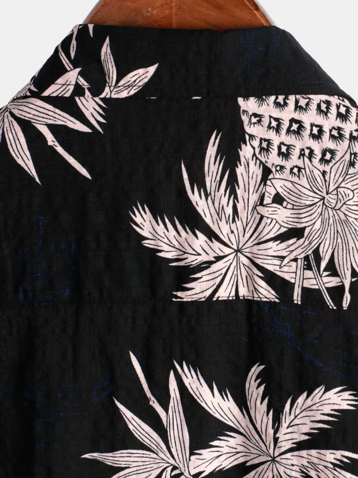Men's Cotton Pineapple Print Black Hawaiian Beach Button Up Short Sleeve Shirt