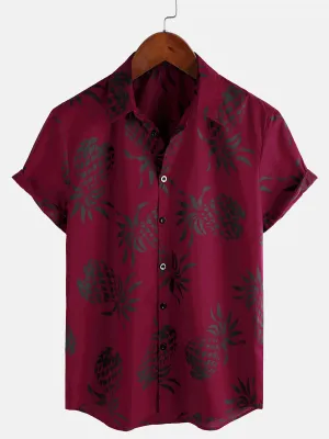 Men's Cotton Pineapple Print Red Summer Hawaiian Button Up Short Sleeve Shirt