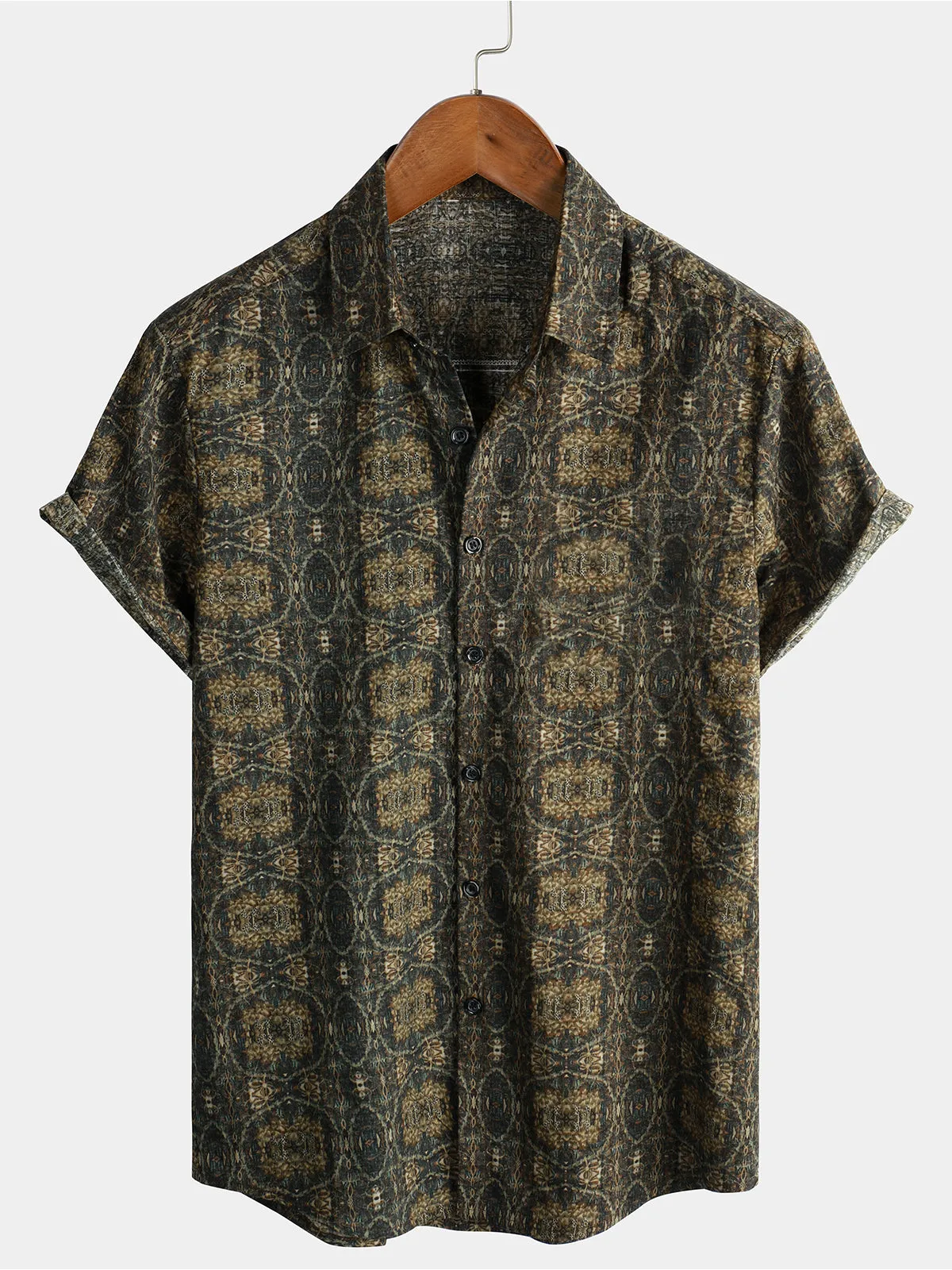 Men's Cotton Pocket Vintage Short Sleeve 70s Retro Summer Button Up Shirt