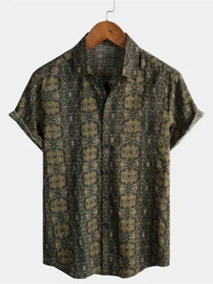 Men's Cotton Pocket Vintage Short Sleeve 70s Retro Summer Button Up Shirt