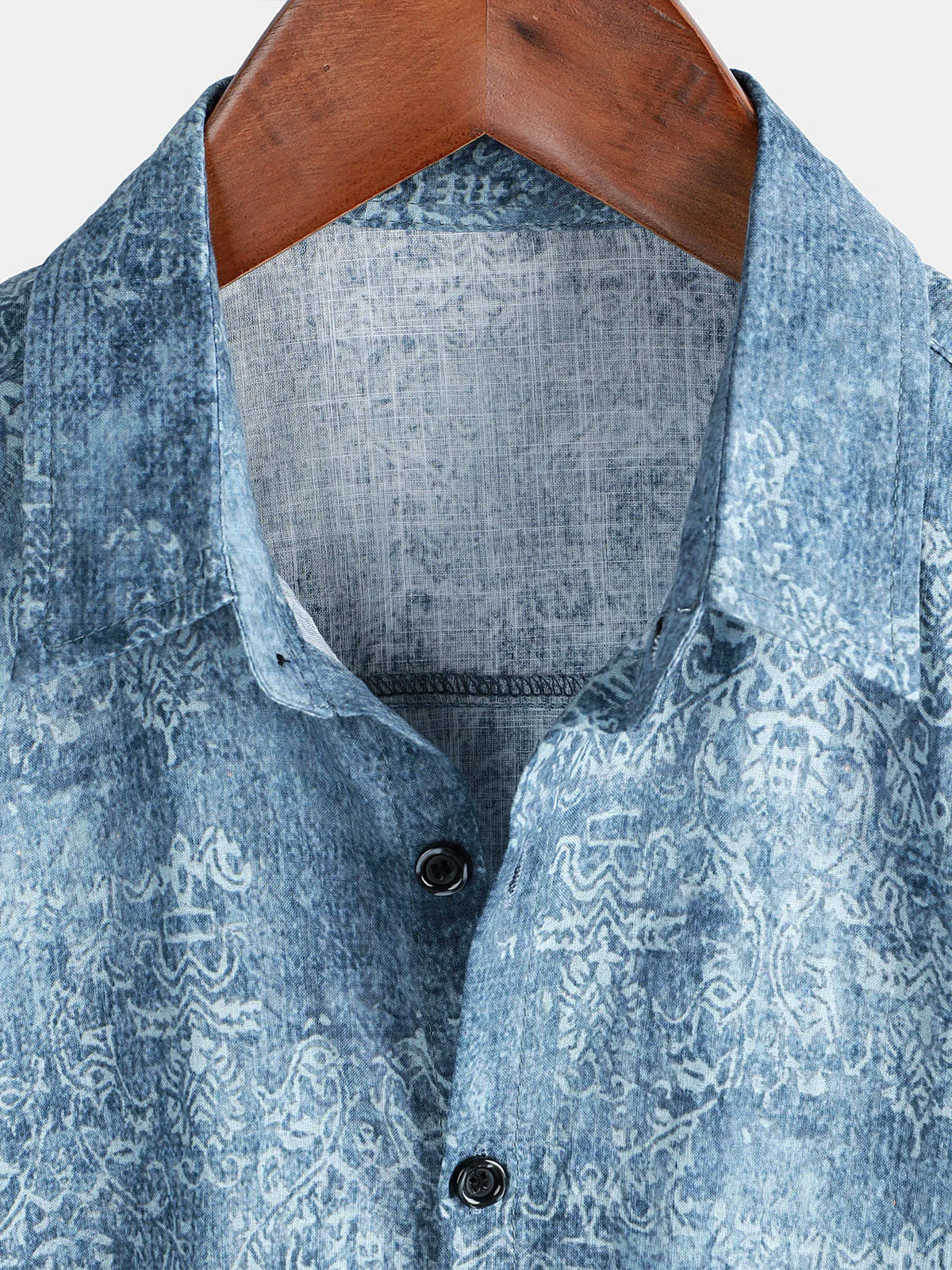 Men's Cotton Vintage Light Blue Short Sleeve Summer Button Up Shirt