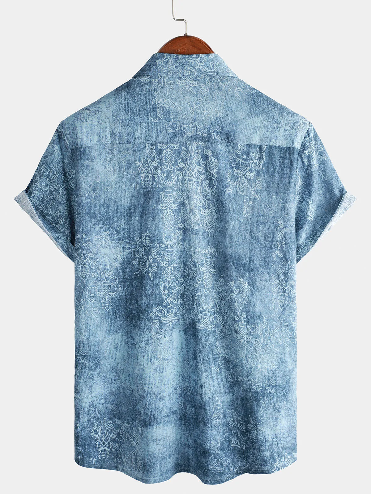 Men's Cotton Vintage Light Blue Short Sleeve Summer Button Up Shirt