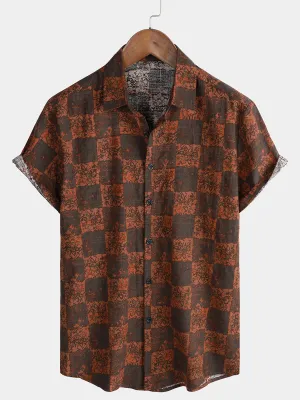 Men's Cotton Vintage Short Sleeve Retro Summer Button Up Shirt